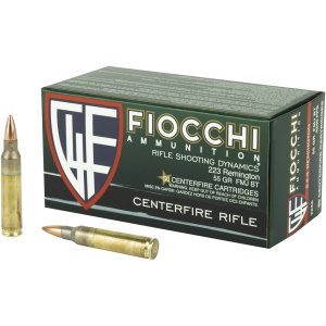 Fiocchi .223 Remington rifle ammunition box and rounds.