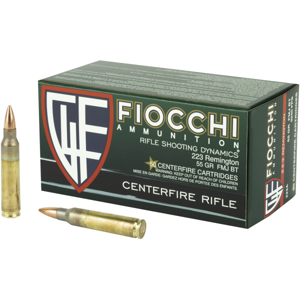 Fiocchi .223 Remington rifle ammunition box and rounds.