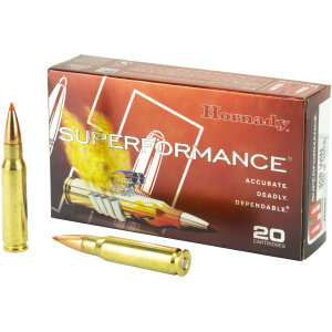 Hornady Superformance rifle ammunition box with cartridges.