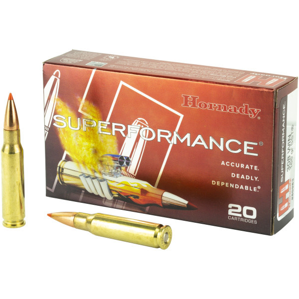 Hornady Superformance rifle ammunition box with cartridges.