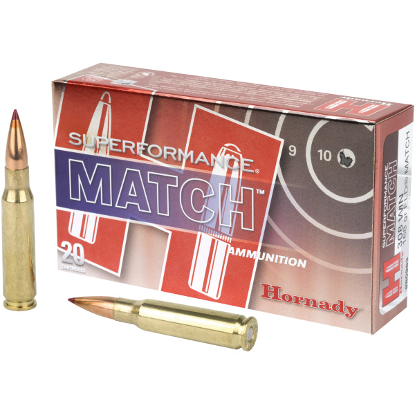 Hornady Superformance Match ammunition box and bullets.