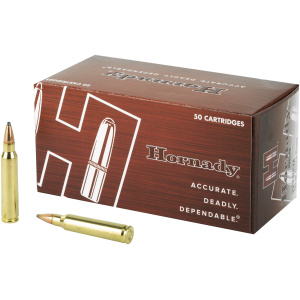 Box of Hornady cartridges with bullets displayed.