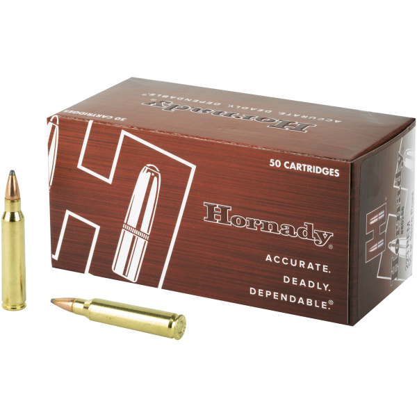 Box of Hornady cartridges with bullets displayed.