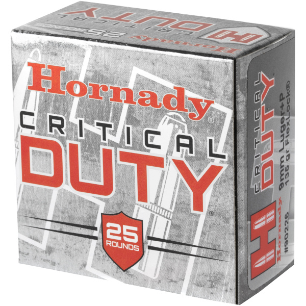 Hornady Critical Duty ammunition box, 25 rounds, 9mm.