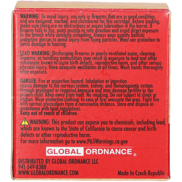 Firearm cartridge warning text and safety instructions.
