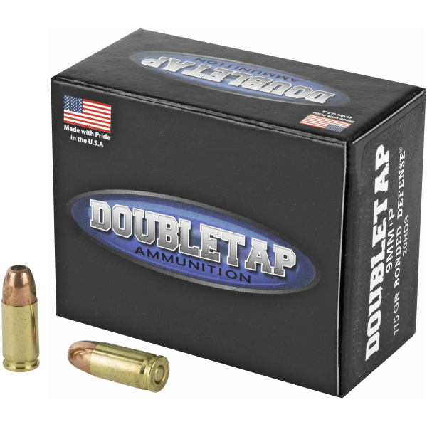 DoubleTap 9mm ammunition box with bullets displayed.