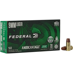 Federal 9mm Luger American Eagle ammunition box with bullets.