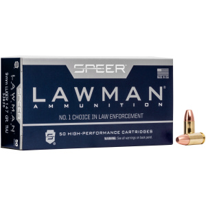 Box of Speer Lawman ammunition with two bullets.