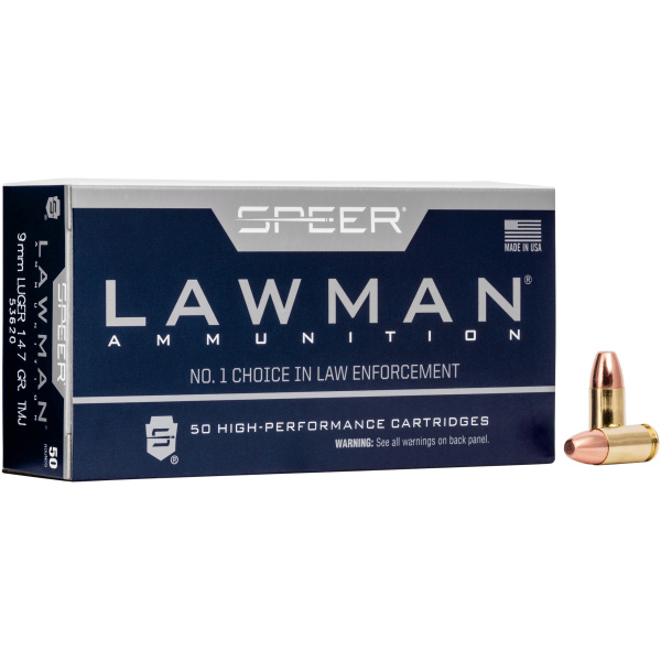 Box of Speer Lawman ammunition with two bullets.