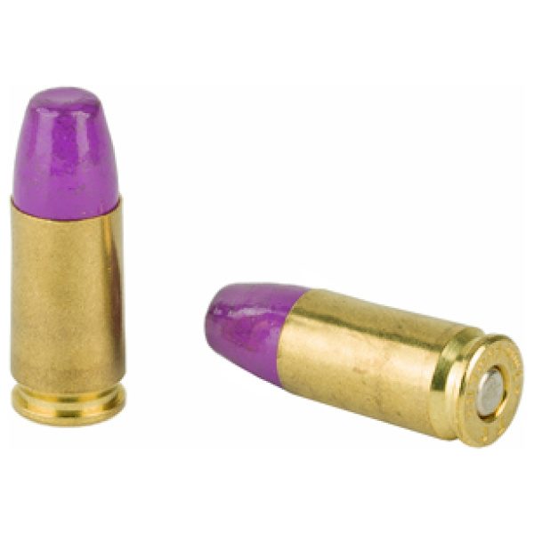 Two purple-tipped bullets on white background.