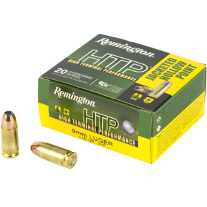 Remington HTP ammunition box with bullets displayed.