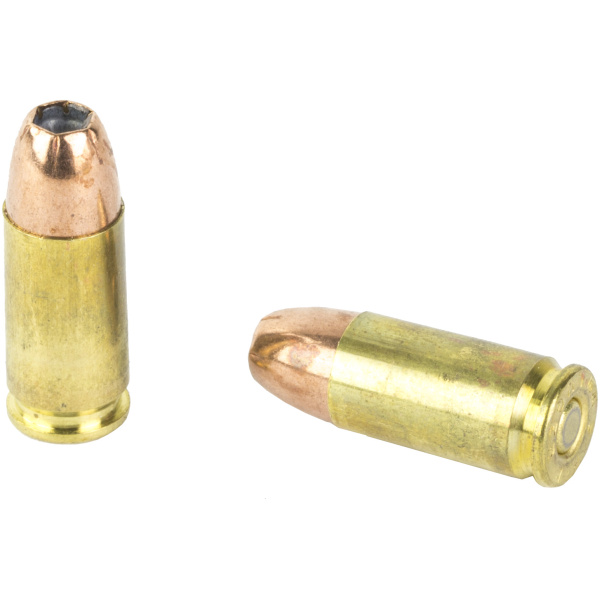 Two bullets, standing and lying, on white background.