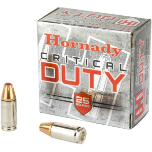 Hornady Critical Duty ammunition box and bullets.