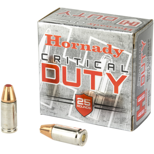 Hornady Critical Duty ammunition box and bullets.
