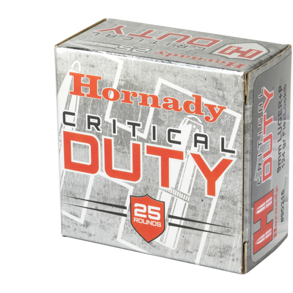 Hornady Critical Duty ammo box, 25 rounds, 9mm.