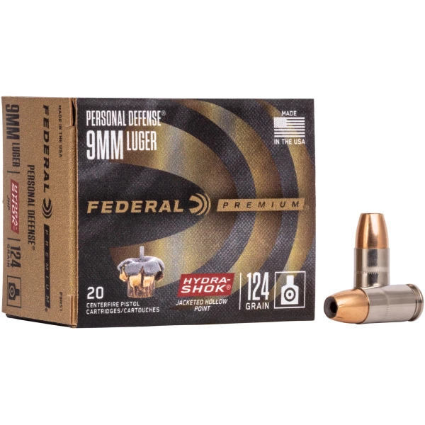 Federal 9mm Luger ammunition box and bullet
