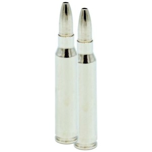 Two silver bullet replicas standing upright