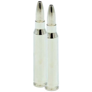 Two silver bullet replicas standing upright