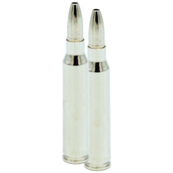 Two silver bullet replicas standing upright