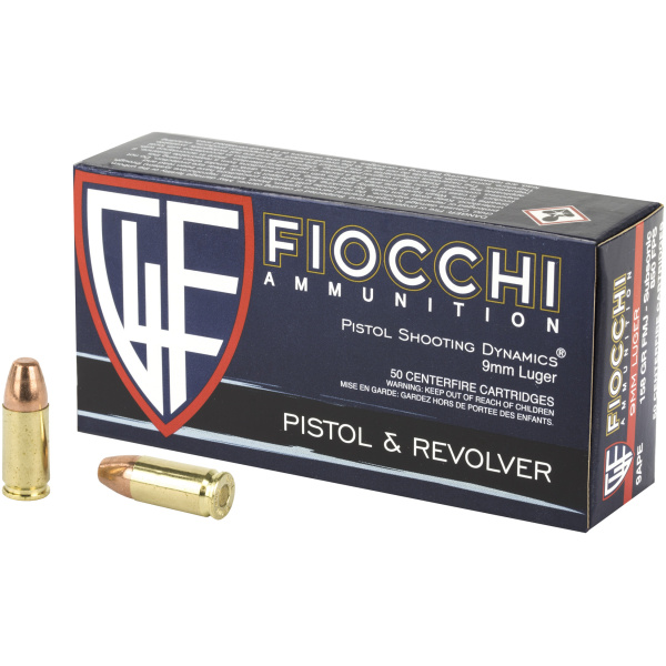 Fiocchi 9mm Luger ammunition box and cartridges.
