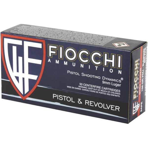 Fiocchi 9mm Luger ammunition box, 50 cartridges