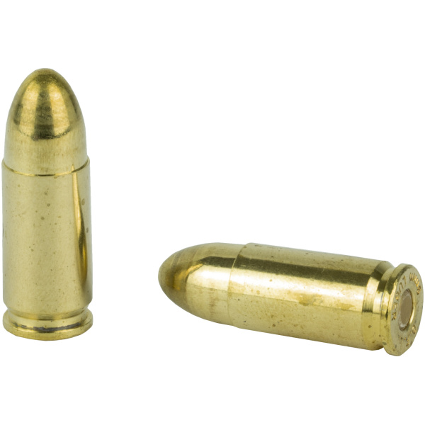 Two brass bullets on white background.