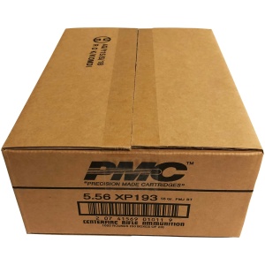 Box of 5.56 ammo cartridges, PMC brand.