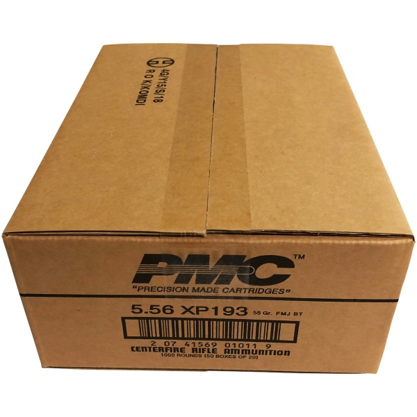 Box of 5.56 ammo cartridges, PMC brand.