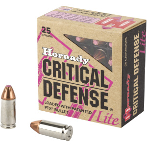 Hornady Critical Defense Lite ammunition box and bullets.