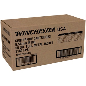 Winchester ammunition box, 5.56mm centerfire cartridges.