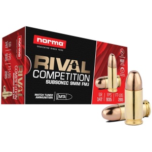 Box of Rival Competition 9mm ammunition with bullets.