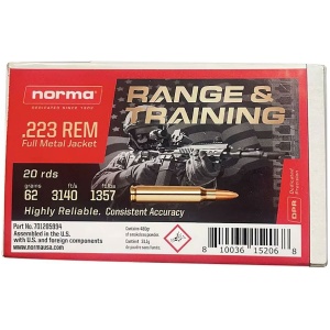 Norma .223 REM ammo box for training, 20 rounds.