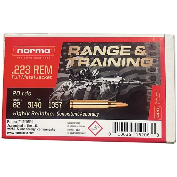 Norma .223 REM ammo box for training, 20 rounds.