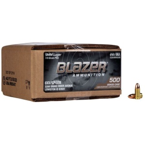 Blazer 9mm ammunition box and bullet display.