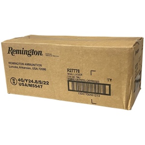 Box of Remington 9mm Luger ammunition cartridges.