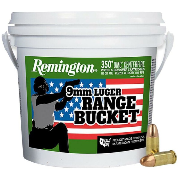 Remington 9mm Luger Range Bucket with cartridges