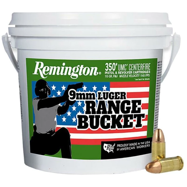 Remington 9mm Luger Range Bucket with cartridges