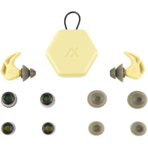 Noise-canceling earplugs with case and various tips.