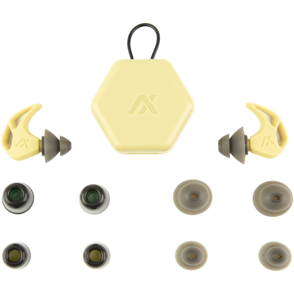Noise-canceling earplugs with case and various tips.