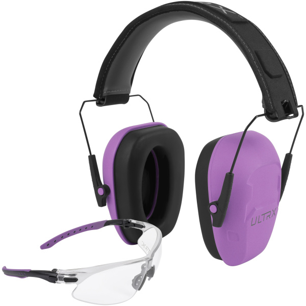 Purple earmuffs and clear safety glasses set