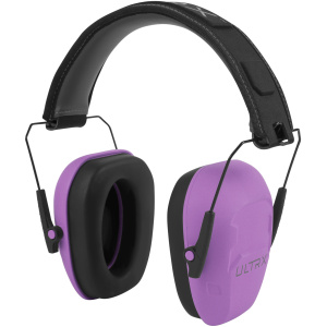 Purple noise-canceling earmuffs with black padding.