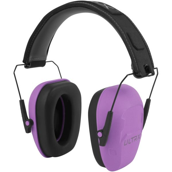 Purple noise-canceling earmuffs with black padding.