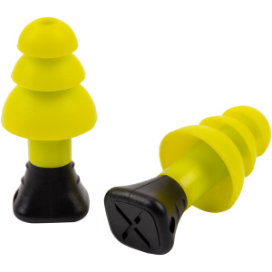 Yellow and black earplugs for noise reduction.