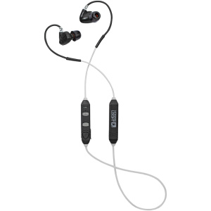 Black wireless in-ear headphones on white background.