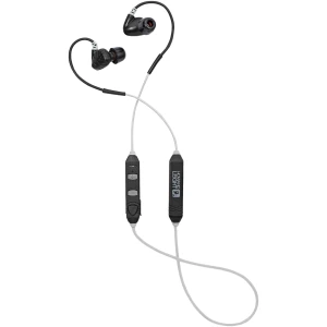 Black wireless in-ear headphones on white background.