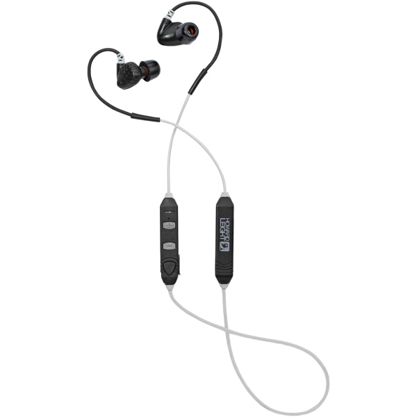 Black wireless in-ear headphones on white background.