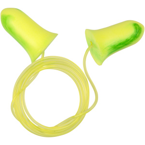 Yellow and green corded earplugs for noise protection.