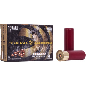 Box and two red 12 gauge shotgun shells.