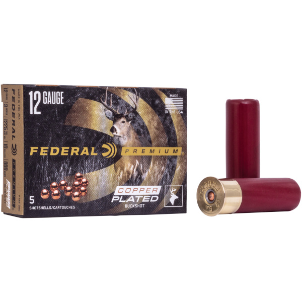 Box and two red 12 gauge shotgun shells.