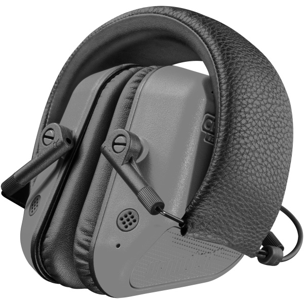 Noise-canceling earmuffs with black leather headband